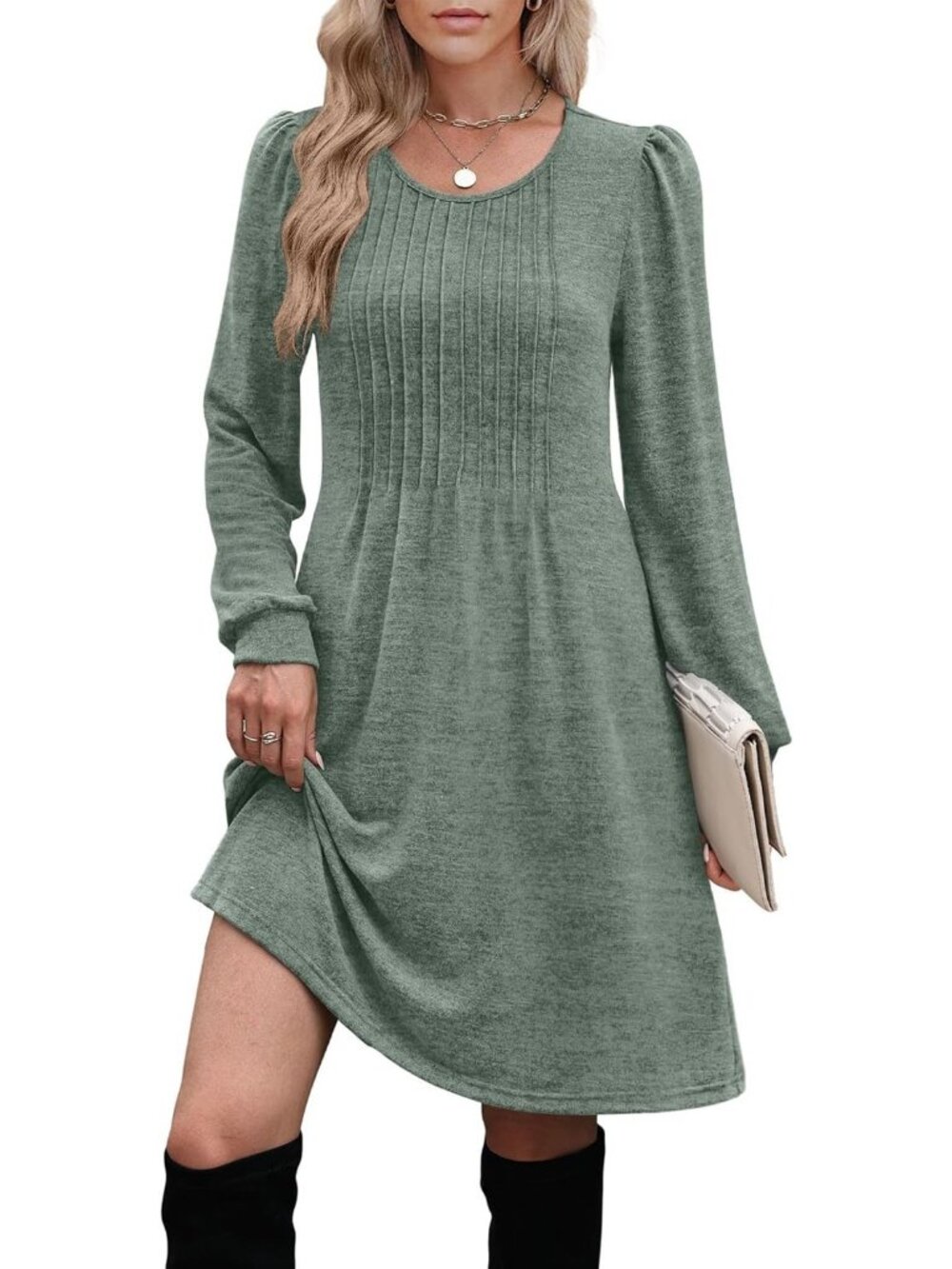 Women's Green Pleated Crew Neck Pockets Fall Baby Doll Sweater Mini Dress - Picture 4 of 5